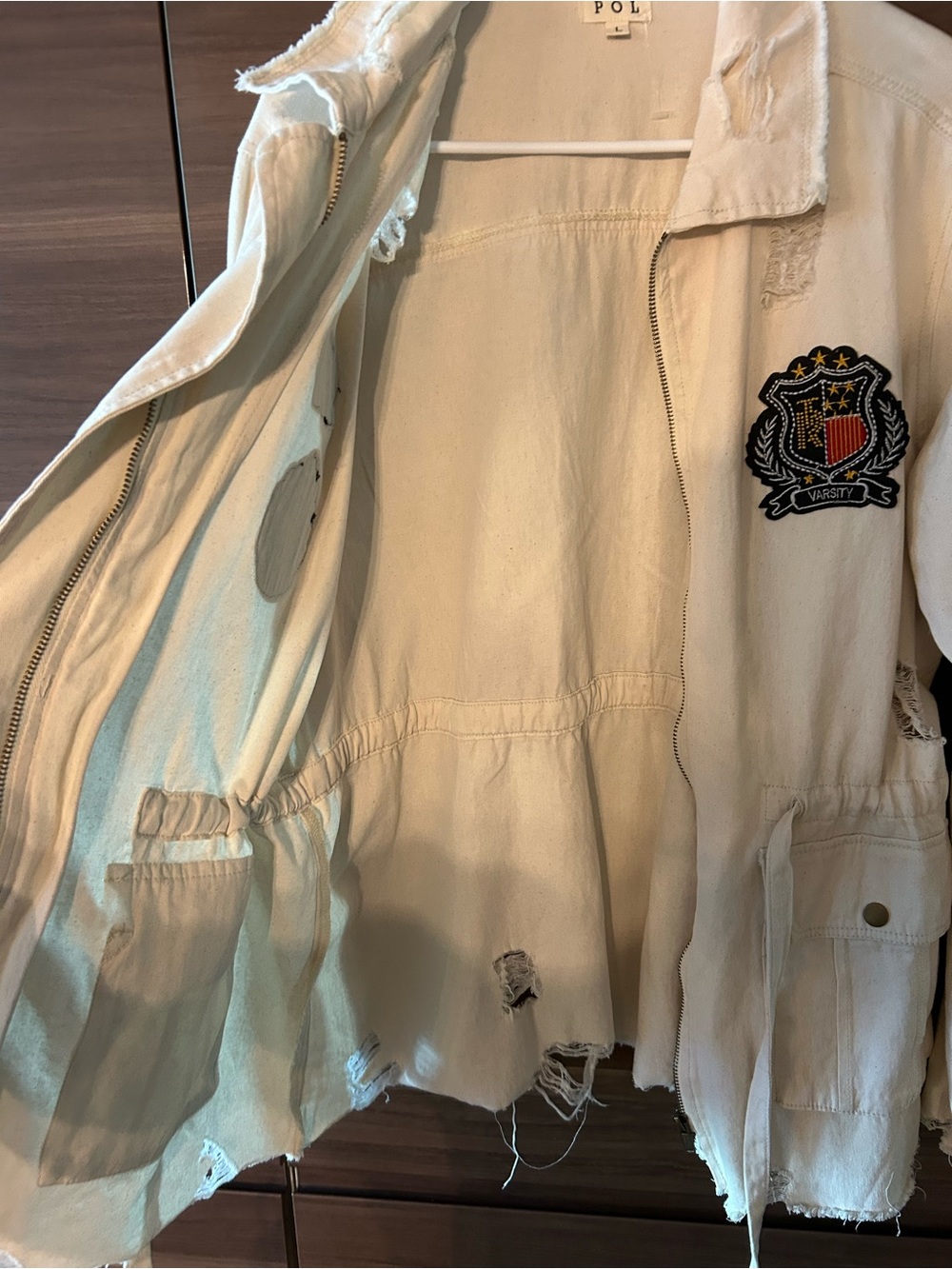 POL Cream Distressed Patch Utility Jacket with Drawstring Waist - Picture 11 of 11
